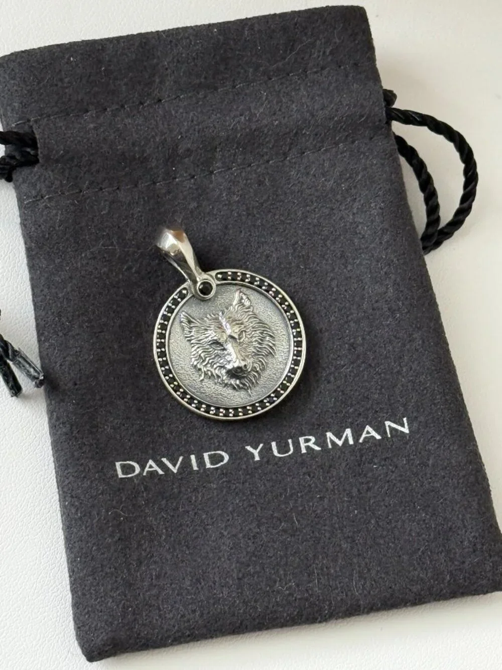 David Yurman .925 Sterling Silver Petrvs Wolf Pendant Amulet with Black Diamonds